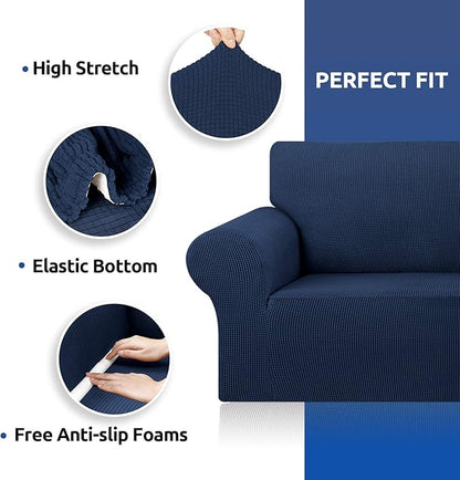 KEKUOU Stretch Oversized Sofa Slipcover 1 Piece Couch Sofa Cover (94"-110") Furniture Protector 4 Seater Sofa with Elastic Bottom for Kids,Pet.Jacquard Checked Pattern Fabric(X Large,Navy Blue)