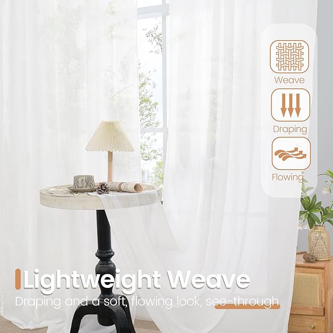 BGment White Linen Cafe Curtains 36 Inch Length, Small Drapes Semi Sheer for Bathroom Kitchen Decor Lightweight Rustic with Rod Pocket, 2 Panels Set, Each 24 Inch Wide