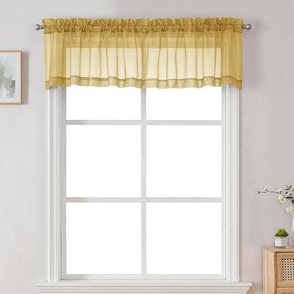 Chyhomenyc Sheer Valances for Windows 2 Pack, Small Window Curtains for Living Room Bathroom, Modern Top Dual Rod Pocket Voile Basement Curtains, 42W x 14L inches, Gold