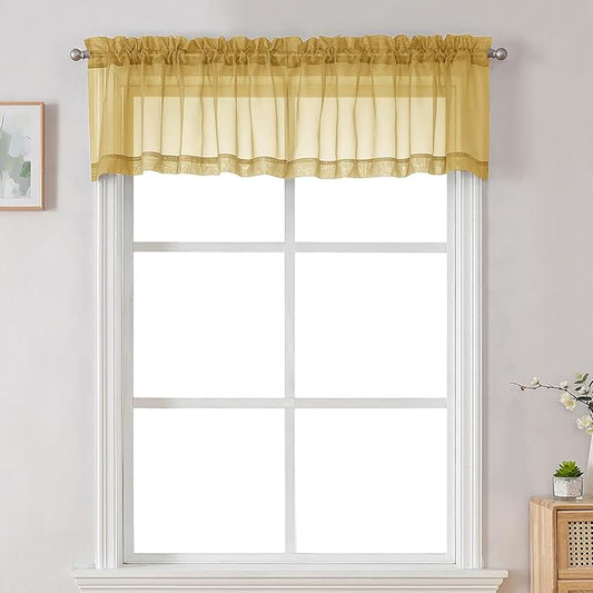 Chyhomenyc Sheer Valances for Windows 2 Pack, Small Window Curtains for Living Room Bathroom Cafe Laundry Basement, Modern Top Dual Rod Pocket Voile Curtain, 42W x 18L inches, Gold