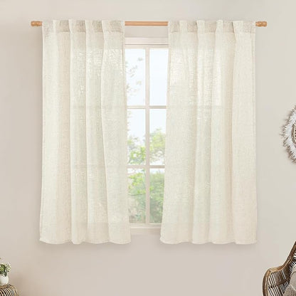 LAMIT Natural Linen Semi Sheer Curtains 45 Inch, Light Filtering Neutral Window Curtains for Bedroom Farmhouse Boho Back Tab and Rod Pocket Panels, Natural Cream Ivory, 2 Panels, 38 x 45 Inch