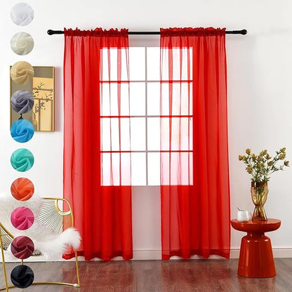 youleyar Solid Sheer Rod Pocket Curtain Voile Draperies 2 Panels White Beige Black Red Coffee 38 Inch Width 63 Inch Long 1 Pair for Kitchen Bedroom Children Living Room Yard(Red,38Wｘ63L)