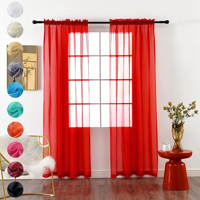 youleyar Solid Sheer Rod Pocket Curtain Voile Draperies 2 Panels White Beige Black Grey Coffee 42 Inch Width 72 Inch Long 1 Pair for Kitchen Bedroom Children Living Room Yard (Red,42Wｘ72L)