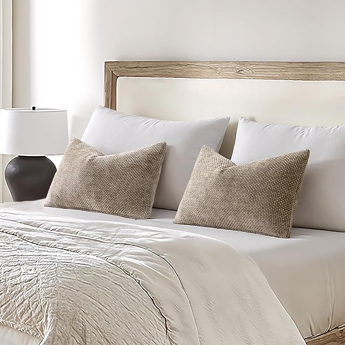 MIULEE Pack of 2 Lumbar Couch Throw Pillow Covers 20x12 Inch Neutral Khaki Modern Boho Accent Decorative Pillow Covers Soft Chenille Farmhouse Cushion Covers for Home Decor Bed Sofa Living Room