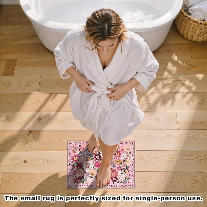 Pink Area Rugs 24x17 Inch Home Decor Entry Rug, Small Door Mat Bath Mats for Bathroom, Ultra-Thin Non Slip Floral Low Pile Tub Mat for Sink Shower Doorway Tub Kitchen Sink(2 x 1.4, Pink Garden)