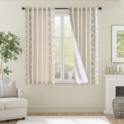 jinchan Belrose Lined Linen Blend Curtains Floral Curtains for Bedroom 63 Inch Length Sage Green Embroidered Drapes Rod Pocket Farmhouse Flower Drapes for Living Room Window Treatments Set 2 Panels