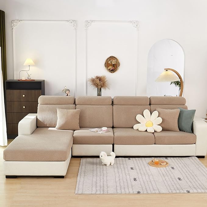 Couch Covers for 3 Cushion Sofa Pet Friendly Couch Cushion Covers Universal Sofa Covers Washable Stretch Slipcovers for Sectional Sofa (Texture Light Coffee,Large Triple Seat Cover)