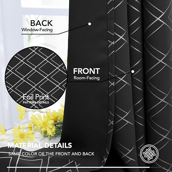Deconovo Blackout Curtains 63 Inch Length for Nursery Kitchen (52x63 Inch, Black/Silver, 2 Panels) Thermal Insulated Panels, Soundproof Window Drapes, for Living Room Bedroom