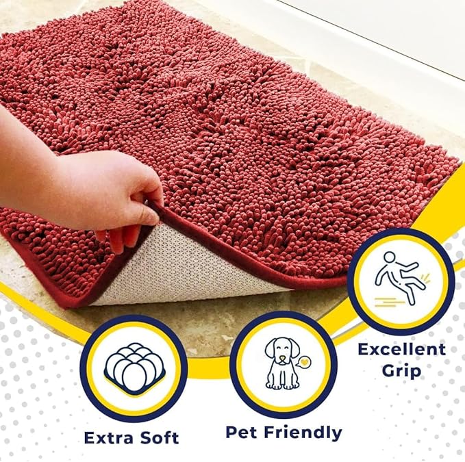 Muddy Mat® | Super Absorbent Door Mat Indoor, Microfiber Quick Dry Chenille Entryway Rug, Non-Slip Front Door Mat, Indoor Mats for Entryway, Machine Washable Pet Rug, Red 36" x 120"