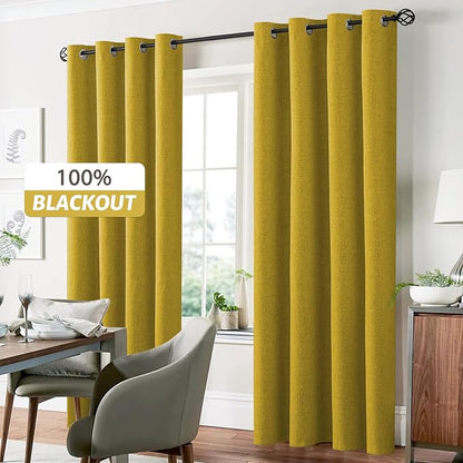 Yakamok Mustard Yellow Linen Curtains 100% Blackout 84 Inches Long,Room Darkening Textured Curtains for Living Room Thermal Grommet Bedroom Curtain 2 Panels with White Liner