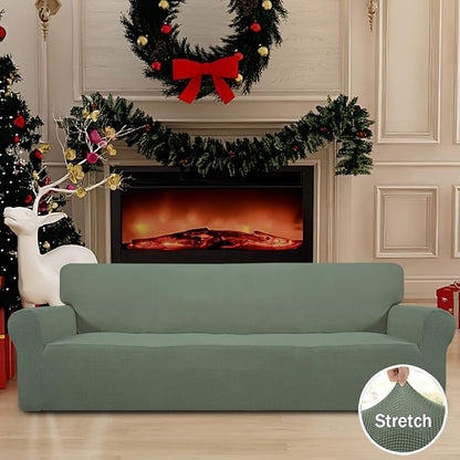 Easy-Going Stretch 4 Seater Sofa Slipcover 1-Piece Sofa Cover Furniture Protector Couch Soft with Elastic Bottom for Kids, Polyester Spandex Jacquard Fabric Small Checks Greyish Green