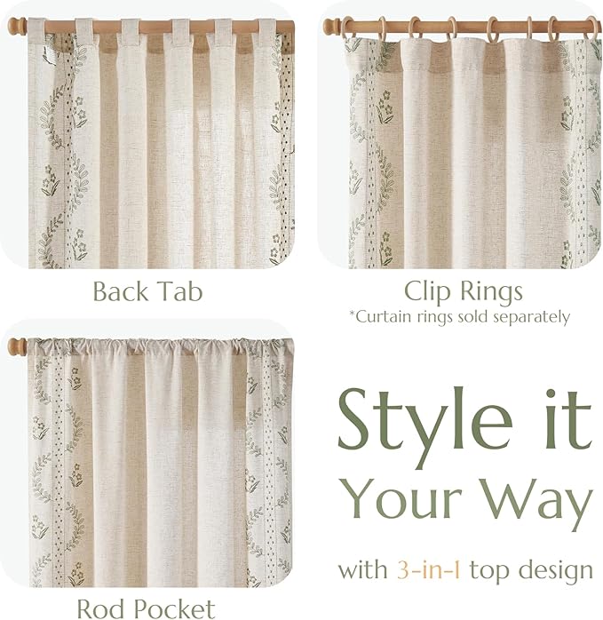 jinchan Belrose Linen Curtains for Bedroom Floral Curtains 108 Inch Length Linen Blend Sage Green Embroidered Drapes Farmhouse Flower Patterned Drapes for Living Room Window Treatments Set 2 Panels