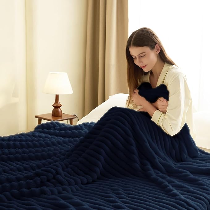 HIMEET Navy Blue Ribbed King Size Blanket for Bed - 300GSM Lightweight Fleece Blanket for Men Women, Large Cozy Sofa Couch Bed Blankets Gifts, Striped Spring Home Room Decor, Navy Blue, 108x90 Inches