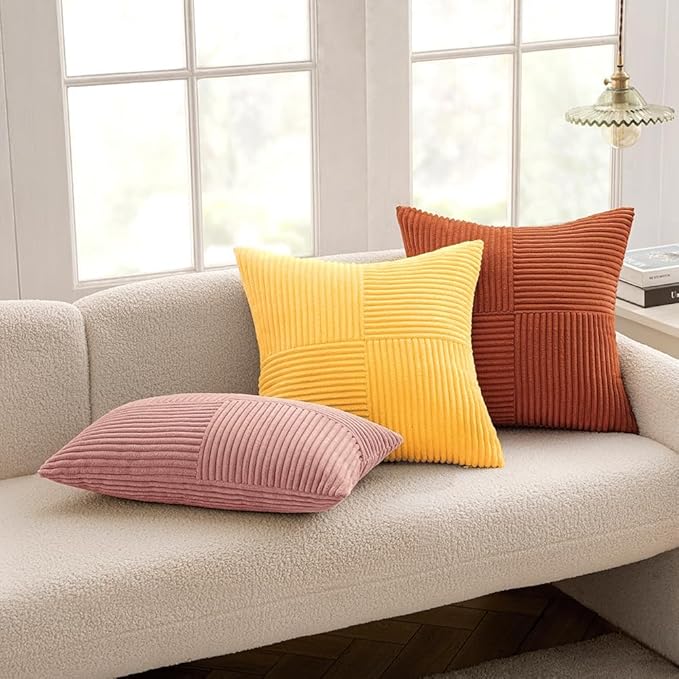 MIULEE Yellow Decorative Throw Pillow Covers 18x18 Inch for Couch Bed Sofa Pack of 2 Boho Farmhouse Throw Pillows Soft Cross Corduroy Patchwork Textured Cushion Cases