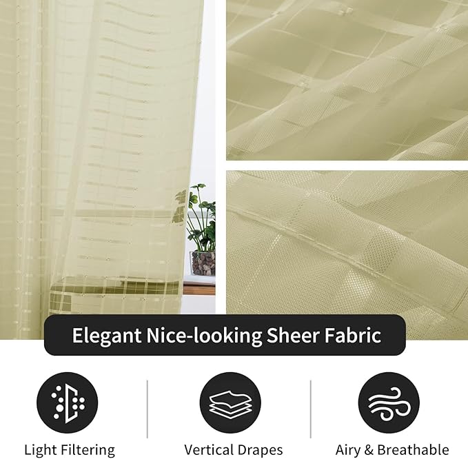 SpaceDresser Check Sheer Curtains 84 Inches 2 Panels Set, Rod Pocket Plaid Window Curtain for Living Room, Sage Green Semi Sheer Drapes for Kitchen Bedroom Children Room Yard（Sage Green, 52W x 84L）