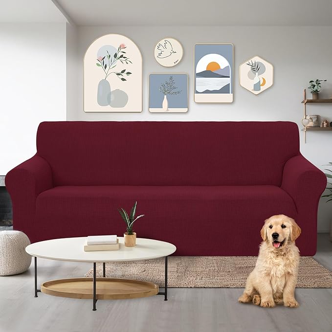 U-NICE HOME Stretch Couch Cover Sofa Cover Washable Sofa Slipcover Furniture Protector for 3 Cushion Couch Sofa Pet Friendly(Sofa, Burgundy)