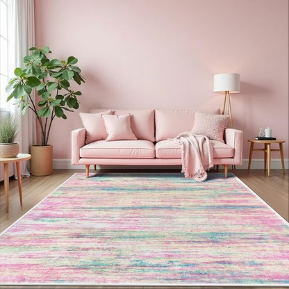 KOZYFLY Pink Nursery Rug for Baby Girl, Washable Thin Area Rugs 5x7 for Kids Bedroom Dorm Playroom, Non-Slip Faux Wool Soft Low Pile Living Room Rug for Dining Room, Kitchen Bathroom