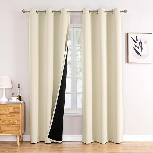 ChrisDowa 100% Blackout Curtains 72 inch Long for Bedroom with Black Liner, 2 Thick Layers Total Blackout Thermal Insulated Grommet Window Curtains 2 Panels Set (Light Beige, 42 x 72 Inch)