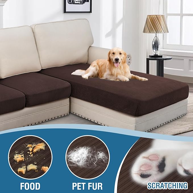 H.VERSAILTEX Velvet Stretch Sectional Couch Covers - 4 Pieces Sofa Seat Cushion Covers L Shape Separate Cushion for Both Left/Right Couch (Large Sofa 3 Seater + 1 Chaise, Brown Striped)