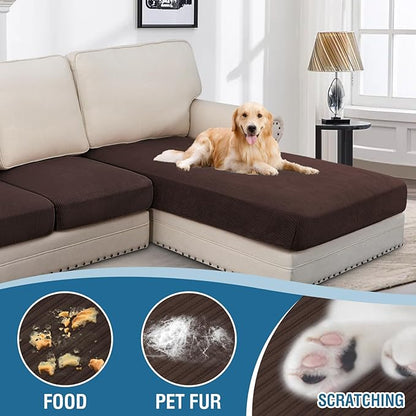 H.VERSAILTEX Velvet Stretch Sectional Couch Covers - 4 Pieces Sofa Seat Cushion Covers L Shape Separate Cushion for Both Left/Right Couch (Large Sofa 3 Seater + 1 Chaise, Brown Striped)