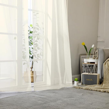 Lecloud Cream Sheer Curtains 68 Inch Length 2 Pcs, Light Filtering Bedroom Curtains for Living Room, Farmhouse Window Voile Soft Rod Pockets Drapes for Bathroom Home Office, Each Panel 42" W x 68" L