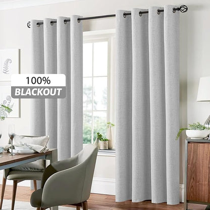 Yakamok White Linen Curtains 100% Blackout 96 Inches Long,Room Darkening Textured Curtains for Living Room Thermal Grommet Bedroom Curtain 2 Panels with Greyish White Liner