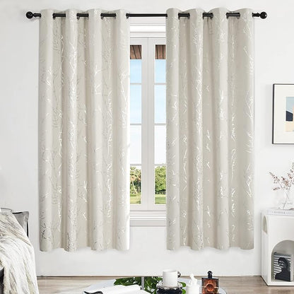Deconovo Living Room Curtains, Room Darkening Curtain, Thermal Insulated Soundproof Drapes, Silver Branch Print, 52 x 72 Inch Long, Machine Washable Window Panels for Bedroom Office Nursery, Set of 2