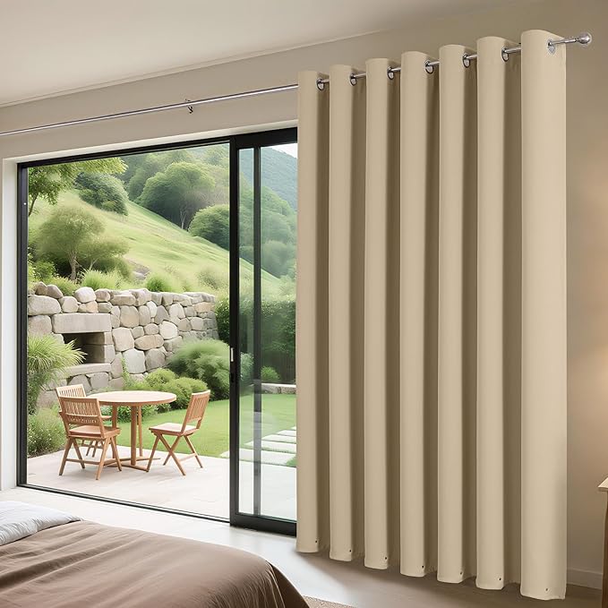 Joydeco Blackout Patio Sliding Door Curtains 96 Inches Long, Grommet Privacy Room Divider Curtains, Extra Wide Thermal Blackout Drapes for Bedroom Living Room (Light Beige, 70Wx96L, 1 Panel)