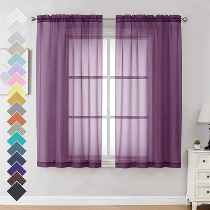 OVZME Plum Sheer Curtains 63 Inches Long 2 Panels - Soft Light Filtering Window Sheer Panels for Living Room/Bedroom, Top Dual Rod Pocket, 1 Pair, Each 42Wx63L Inches
