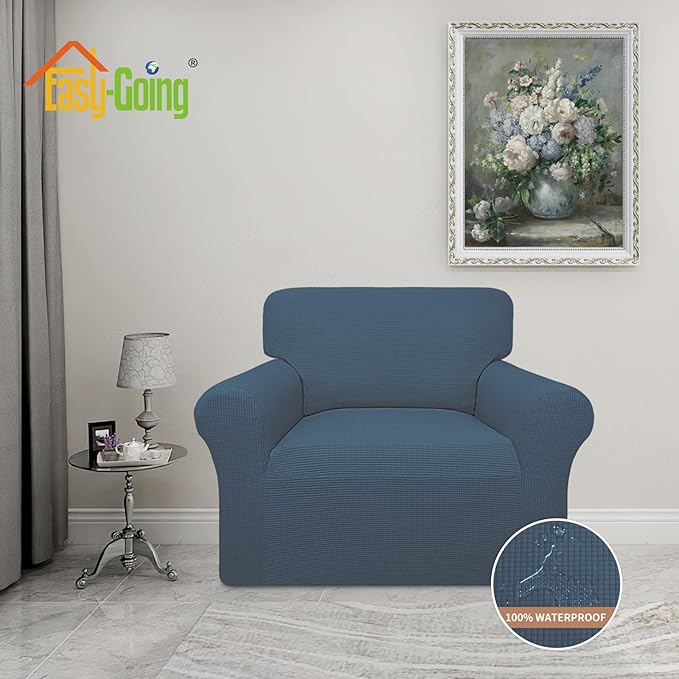 Easy-Going 100% Waterproof Chair Couch Cover, Dual Waterproof Sofa Cover, Stretch Jacquard Sofa Slipcover, Leakproof Furniture Protector for Kids, Pets, Dog and Cat (Chair, Bluestone)
