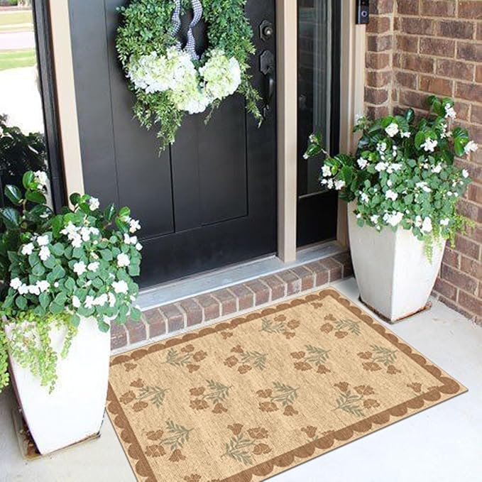 Front Door Mat Outside Entrance - 2x3 Floral Non-Slip Washable Doormat Indoor Outdoor Mat Jute-Look Farmhouse Tan Scalloped Entry Rug Small Throw Rugs for Entryway Kitchen Front Porch Decor