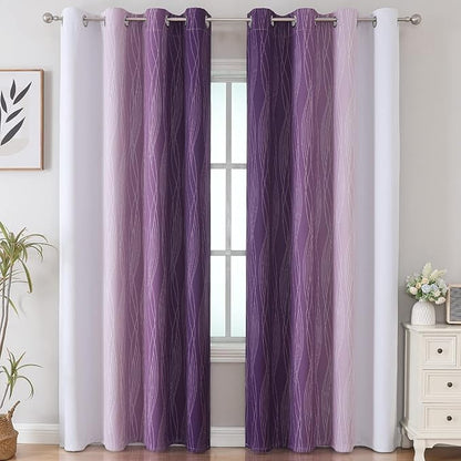 Estelar Textiler Purple and Greyish White Ombre Blackout Curtains 84 Inches Long, Full Room Darkening Grommet Curtains for Bedroom, Thermal Insulated Blackout Drapes for Living Room, 52Wx84L, 2 Panels