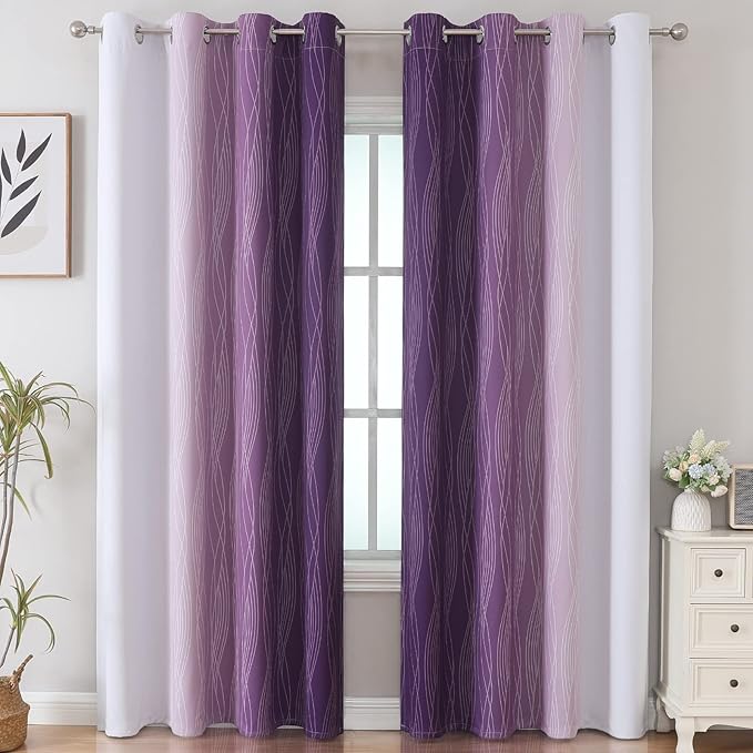 Estelar Textiler Ombre Blackout Curtains 102 Inches Long 2 Panels Set, Purple and Greyish White Thermal Insulated Drapes for Bedroom, Full Room Darkening Grommet Curtains for Living Room, 52Wx102L