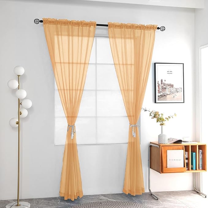 youleyar Solid Sheer Rod Pocket Curtain Voile Draperies 2 Panels White Beige Black Grey Coffee 52 Inch Width 96 Inch Long 1 Pair for Kitchen Bedroom Children Living Room Yard(Beige,52Wｘ96L)