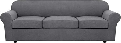 H.VERSAILTEX 4 Piece Stretch Sofa Covers for 3 Cushion Couch Covers for Living Room Furniture Slipcovers (Base Cover Plus 3 Seat Cushion Covers) Upgraded Thicker Jacquard Fabric (XL Sofa, Grey)