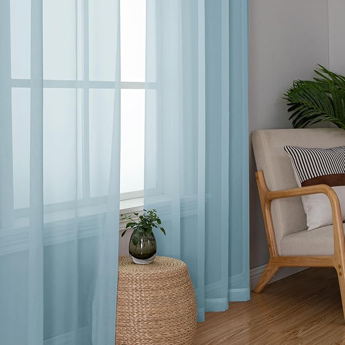 Simplebrand Sky Blue Sheer Curtains 90 Inches Long 2 Panels, Light Filtering Rod Pocket Solid Color Window Sheer Curtain Panels, Elegant Curtains & Drapes for Living Room, Bedroom, 42" W x 90" L