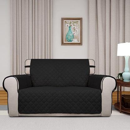 PureFit Reversible Quilted Sofa Cover, Water Resistant Slipcover Furniture Protector, Washable Couch Cover with Non Slip and Elastic Straps for Kids, Pets (Loveseat, Black/Black)