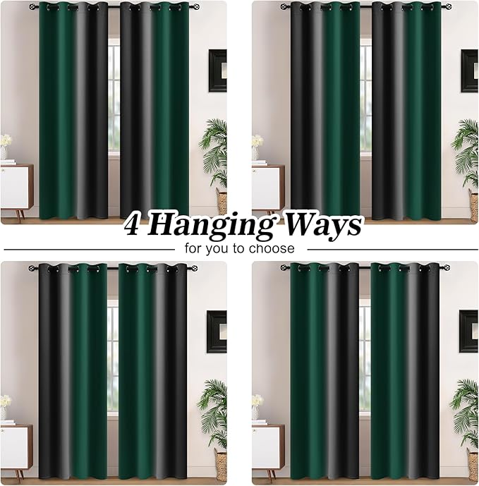 Yakamok Blackout Ombre Dark Green and Black Curtains-Gradient Room Darkening Curtain, Grommet Thermal Insulated Light Blocking Window Drapes Curtain for Living Room Bedroom,52 x 72 Inch,2 Panels
