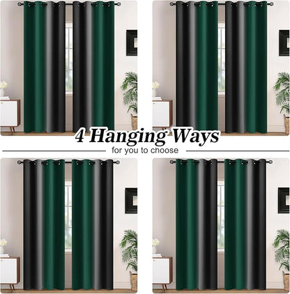 Yakamok Blackout Ombre Dark Green and Black Curtains-Gradient Room Darkening Curtain, Grommet Thermal Insulated Light Blocking Window Drapes Curtain for Living Room Bedroom,52 x 72 Inch,2 Panels