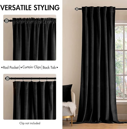 MIULEE Black Velvet Curtains 96 inches 2 Panels - Luxury Blackout Curtains for Bedroom Living Room Thermal Insulated Super Soft Window Drapes Rod Pocket & Back Tab Halloween Decor, W52 x L96 inches