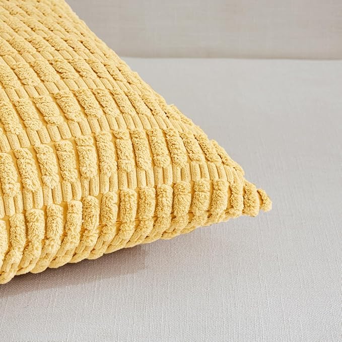 Fancy Homi 4 Packs Yellow Big Decorative Throw Pillow Covers 24x24 Inch for Living Room Couch Bed Sofa, Fall Farmhouse Boho Home Decor, Soft Striped Corduroy Square Cushion Case 60x60 cm