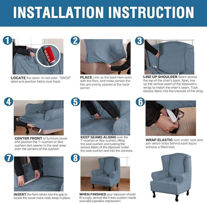 H.VERSAILTEX Wingback Chair Covers Velvet Plush Wing Chair Slipcover 1 Piece High Stretch Wing Back Chair Slipcovers Sofa Cover Furniture Cover with Elastic Bottom, Stone Blue