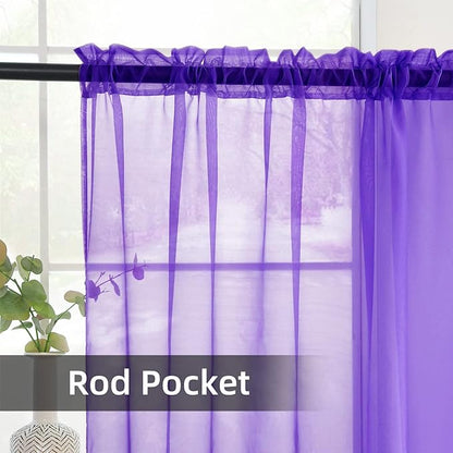 youleyar Solid Sheer Rod Pocket Curtain Voile Draperies 2 Panels White Beige Black Grey Coffee 52 Inch Width 108 Inch Long 1 Pair for Kitchen Bedroom Children Living Room Yard (Purple,52Wｘ108L)
