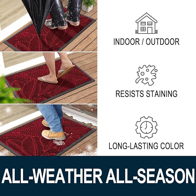 Colorxy Waterproof Doormat, Sturdy Natural Rubber Front Indoor Mat, Non Slip Low Profile Indoor Outdoor Door Mats, Stain and Fade Resistant Floor Mats, Easy Clean Patio Entry Mat, 30''x17'', Burgundy