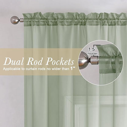 Lecloud Sage Green Sheer Curtains 18 Inch Length 2 Pcs, Cafe Kitchen Curtains for Bedroom Living Room, Short Curtain for Small Windows with Dual Rod Pocket Home Decor Window Treatments, 42" W x 18" L