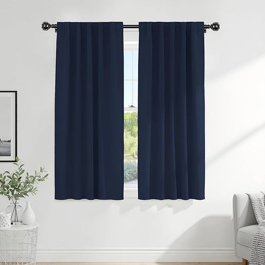 Pony Dance Blackout Curtains Thermal Insulated Window Treatment Panels Room Darkening Shade Drapes for Living Room Back Tab/Rod Pocket Bedroom Draperies, 34 x 63 Inch, Navy Blue, 2 Panels