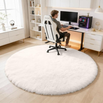 OLANLY Ivory Round Rugs for Bedroom - Machine Washable, 6 ft Circle Area Rugs for Living Room, Soft and Fluffy Shaggy Carpet for Teen Girls and Boys, Nursery Rooms, Dorms, Home Decor Aesthetic