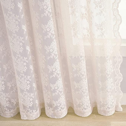YJ YANJUN Vintage Lace Curtains 63 Inch Length 2 Panels Set Cute Floral Designs Dusty Pink Sheer Curtain Panels for Girls Bedroom with Wavy Edge Rod Pocket, 52 x 63 Inch, Blush Pink