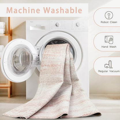 Washable Rugs 5x7 Area Rugs for Living Room,Bedroom,Dining Room- Ultra Soft Faux Wool Nursery Rug for Baby Girl,Neutral Light Pink Low Pile Vintage Carpets for Dorm Kids Playroom,Non Slip