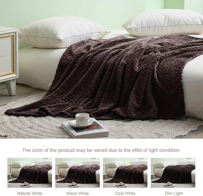 Exclusivo Mezcla Fleece Queen Size Blanket for Bed, 90x90 Inches Soft Cozy Jacquard Flannel Blankets, Lightweight Fuzzy Plush Warm for Women, Coffee